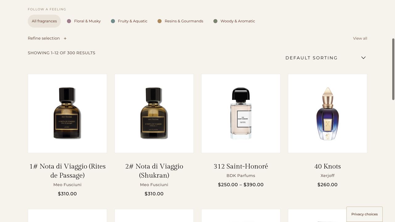 Public catalogue with fragrance filters, product images and prices
