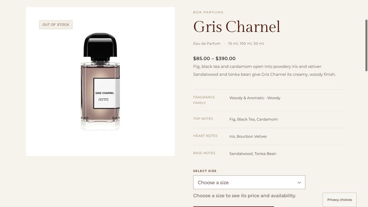 Gris Charnel product details and fragrance pyramid