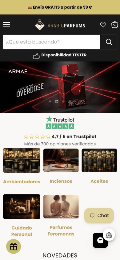 ArabicParfums.es — captură a site-ului pe mobil