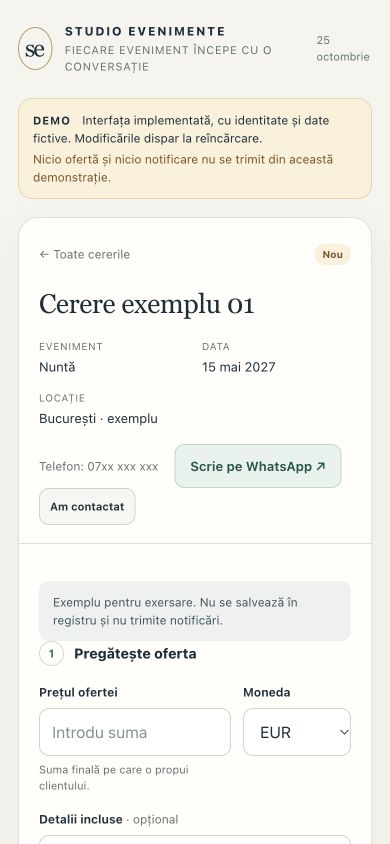 Aceeași aplicație pe mobil, cu o cerere fictivă și butonul WhatsApp