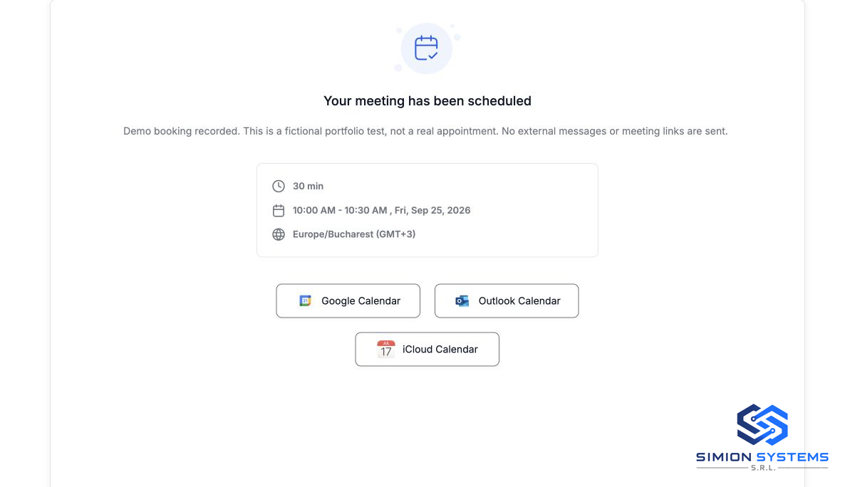 Programare fictivă verificată, fără sincronizare cu un calendar personal.